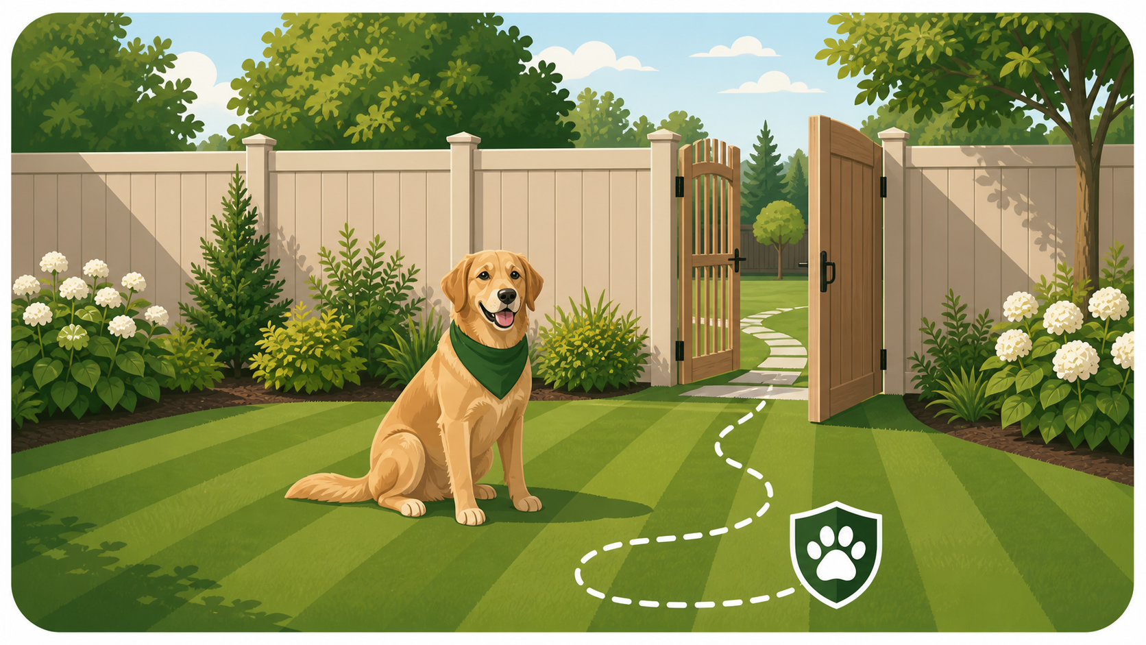 Clean fenced backyard with a friendly dog, open gate, and service route marker